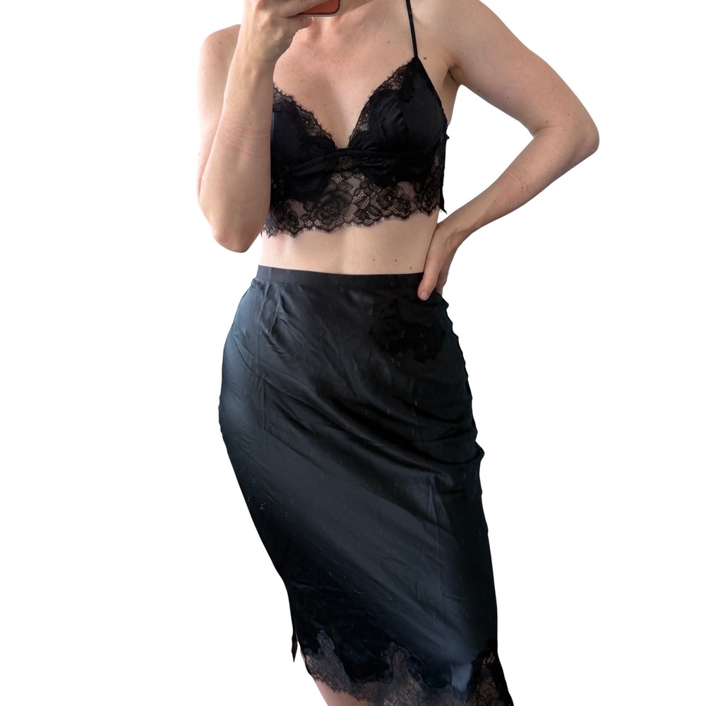 Victorias Secret Black Satin Lace 2 Piece Bustier Top Midi Skirt Set XS NWT